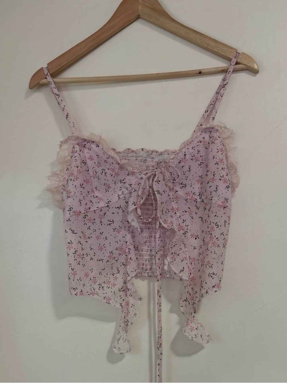 Floral Lace Trim Tie Front Cami Crop Top Fairy Coquette Balletcore S - Picture 7 of 12